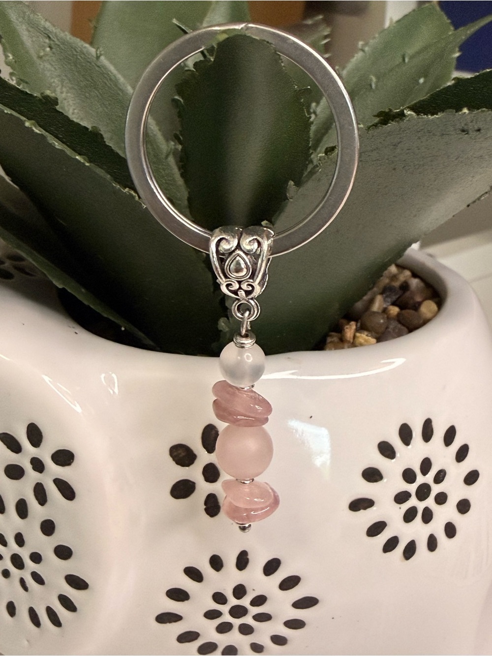 Hand Crafted Rose Quartz Crystal Stainless Steel Keyring